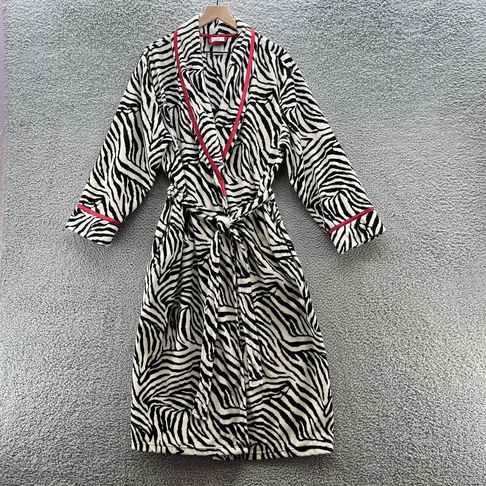VTG Jaclyn Smith Robe Womens XL Black White Zebra Print Plush Belted Long Lounge